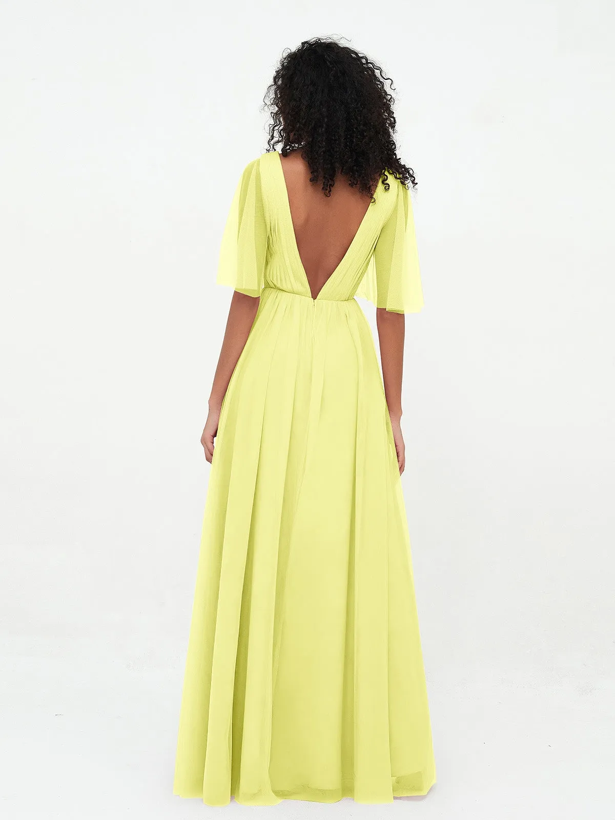 A-ligne Col en V Robes Maxi en Tulle avec Dos en V Profond Jonquille