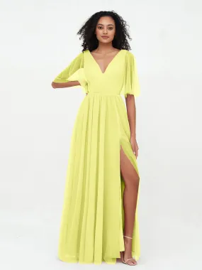 A-ligne Col en V Robes Maxi en Tulle avec Dos en V Profond Jonquille