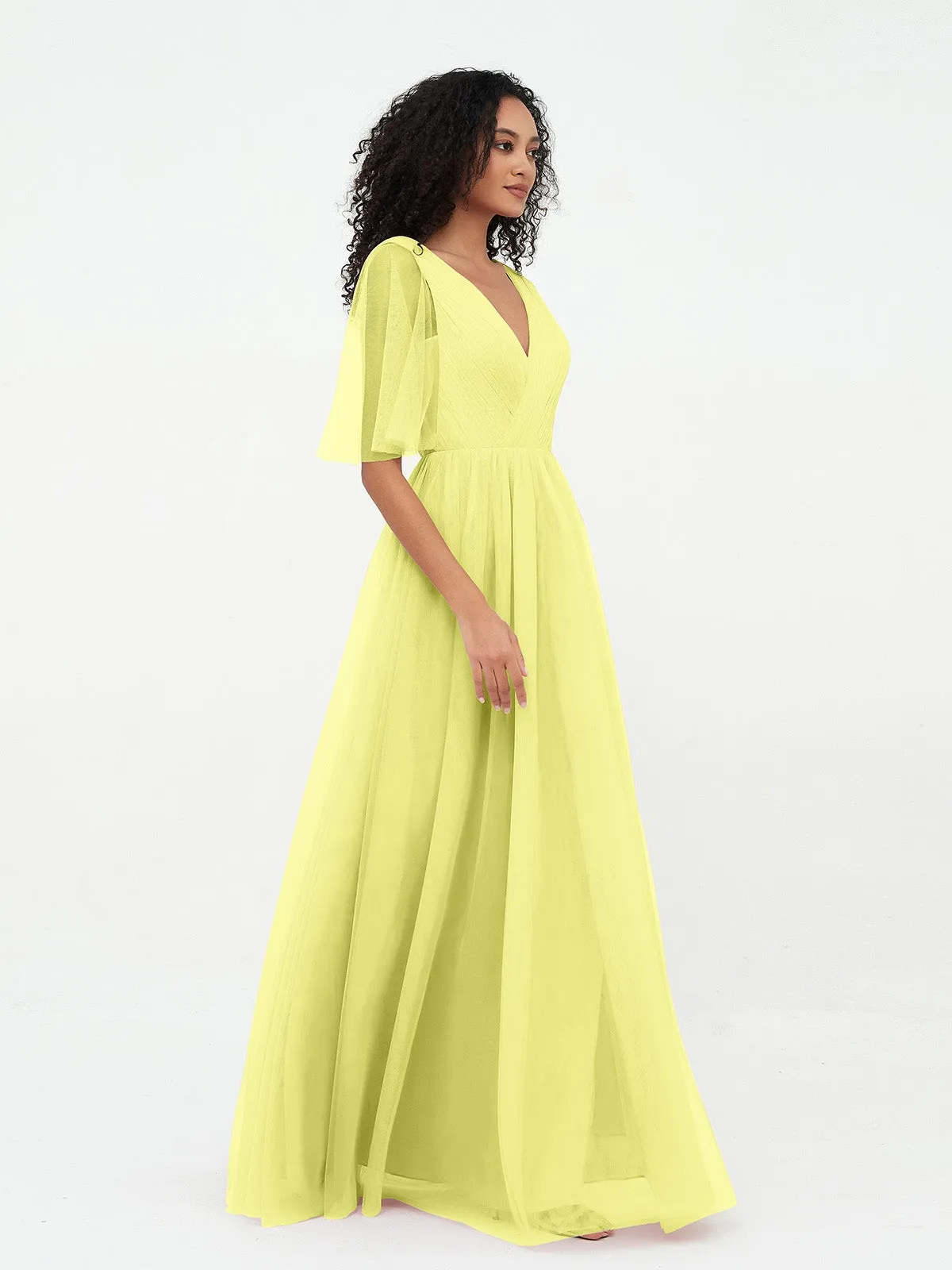 A-ligne Col en V Robes Maxi en Tulle avec Dos en V Profond Jonquille