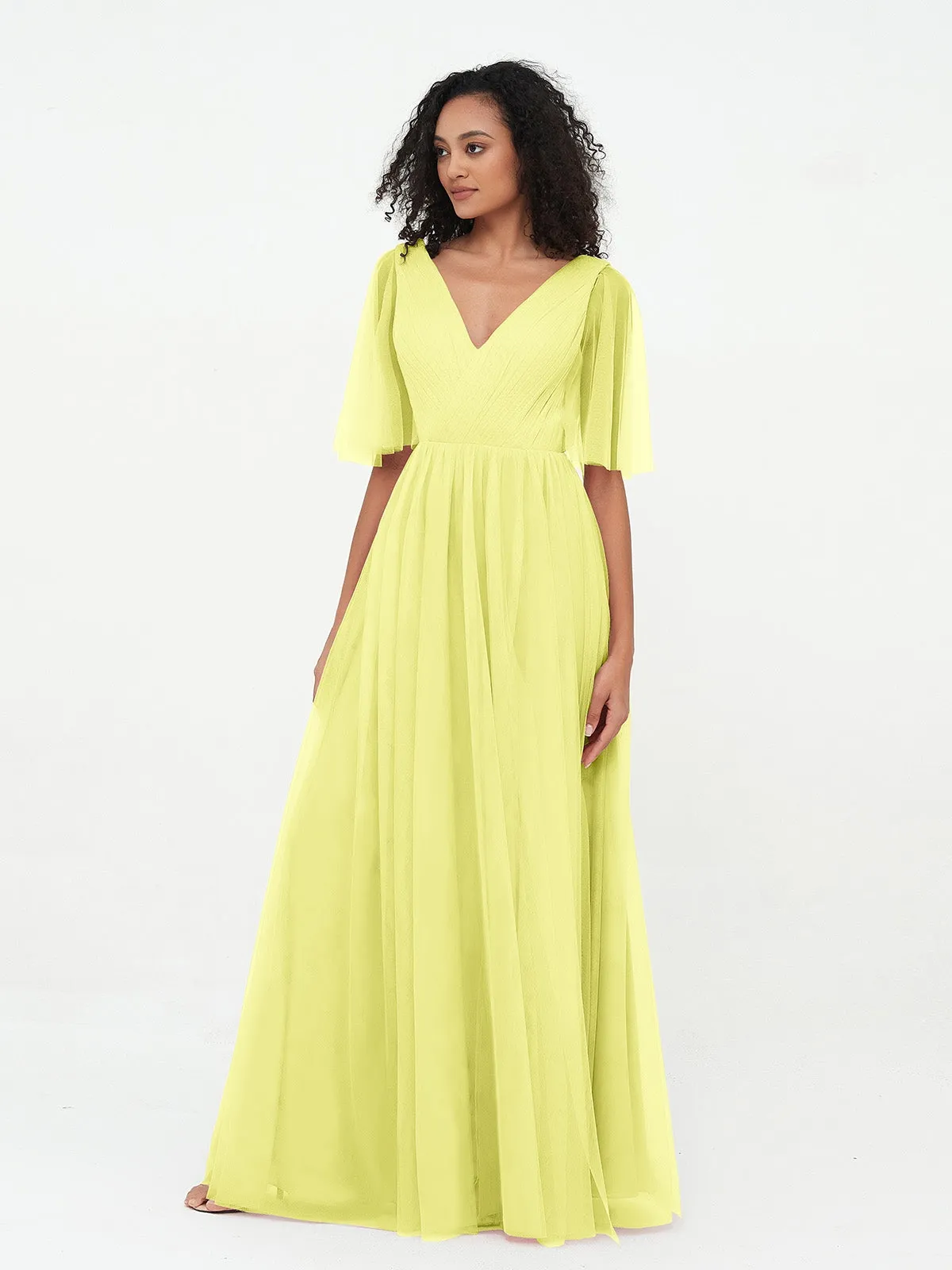 A-ligne Col en V Robes Maxi en Tulle avec Dos en V Profond Jonquille