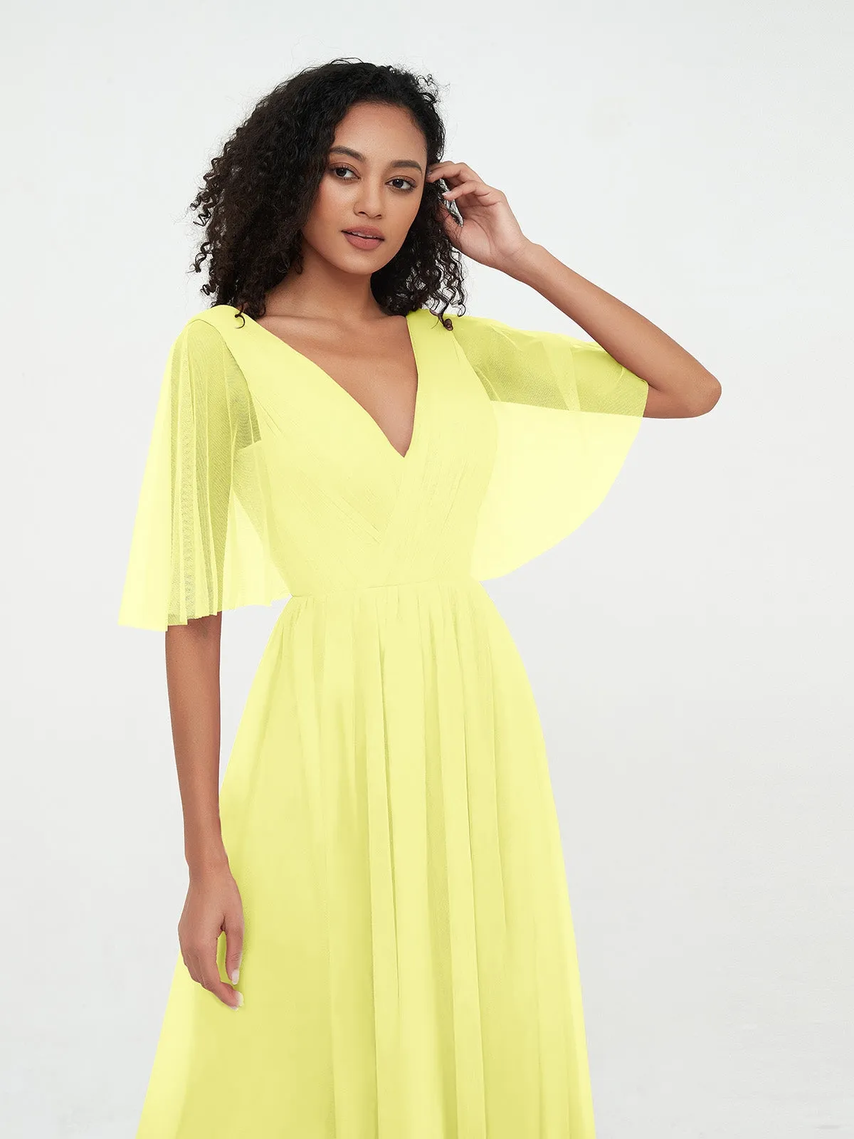 A-ligne Col en V Robes Maxi en Tulle avec Dos en V Profond Jonquille