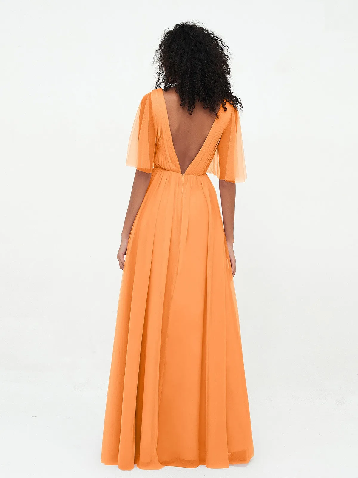 A-ligne Col en V Robes Maxi en Tulle avec Dos en V Profond Orange Grande Taille