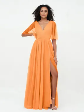 A-ligne Col en V Robes Maxi en Tulle avec Dos en V Profond Orange Grande Taille