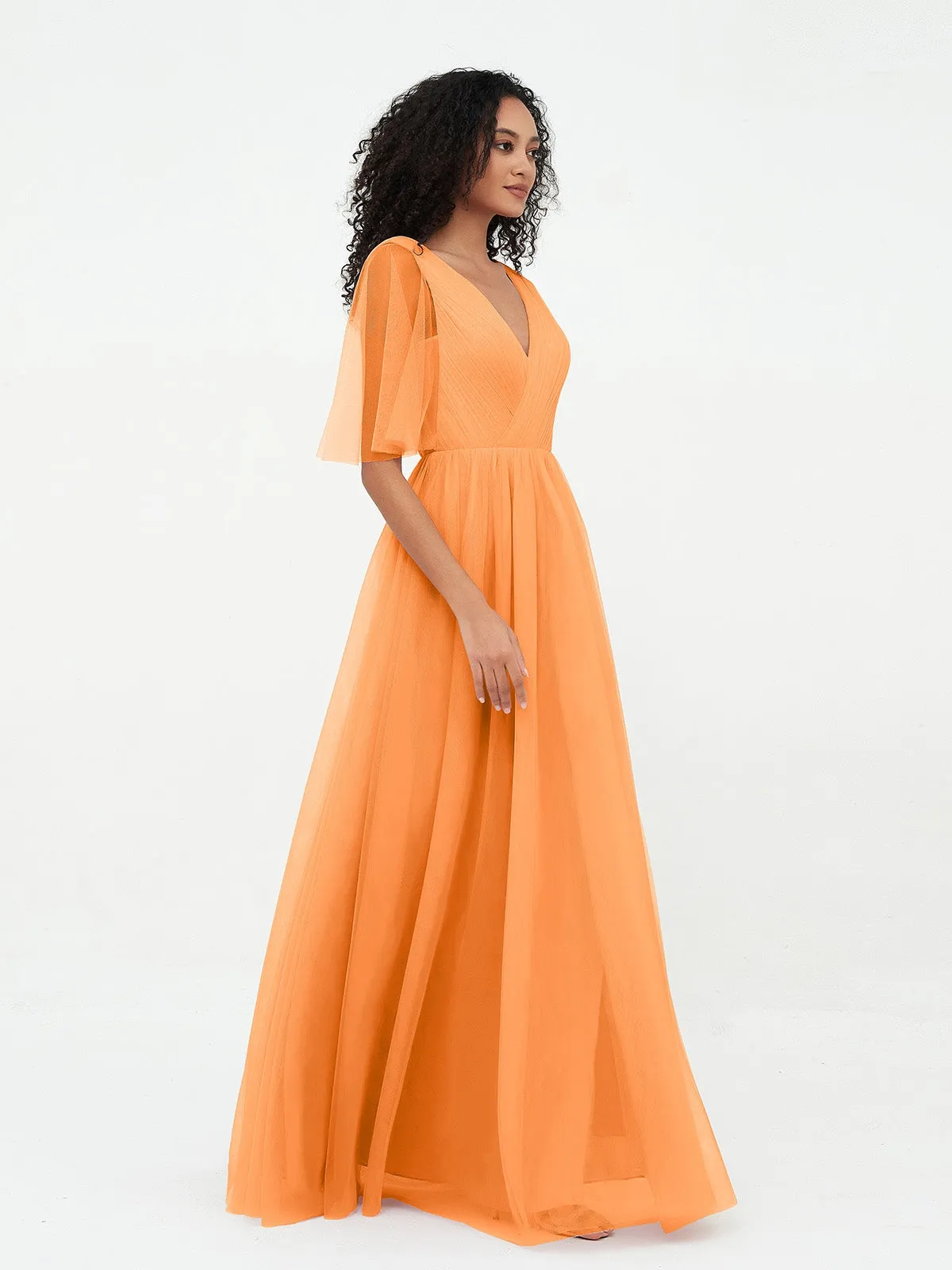 A-ligne Col en V Robes Maxi en Tulle avec Dos en V Profond Orange Grande Taille