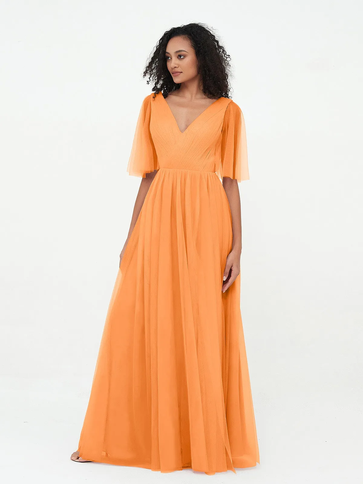 A-ligne Col en V Robes Maxi en Tulle avec Dos en V Profond Orange Grande Taille