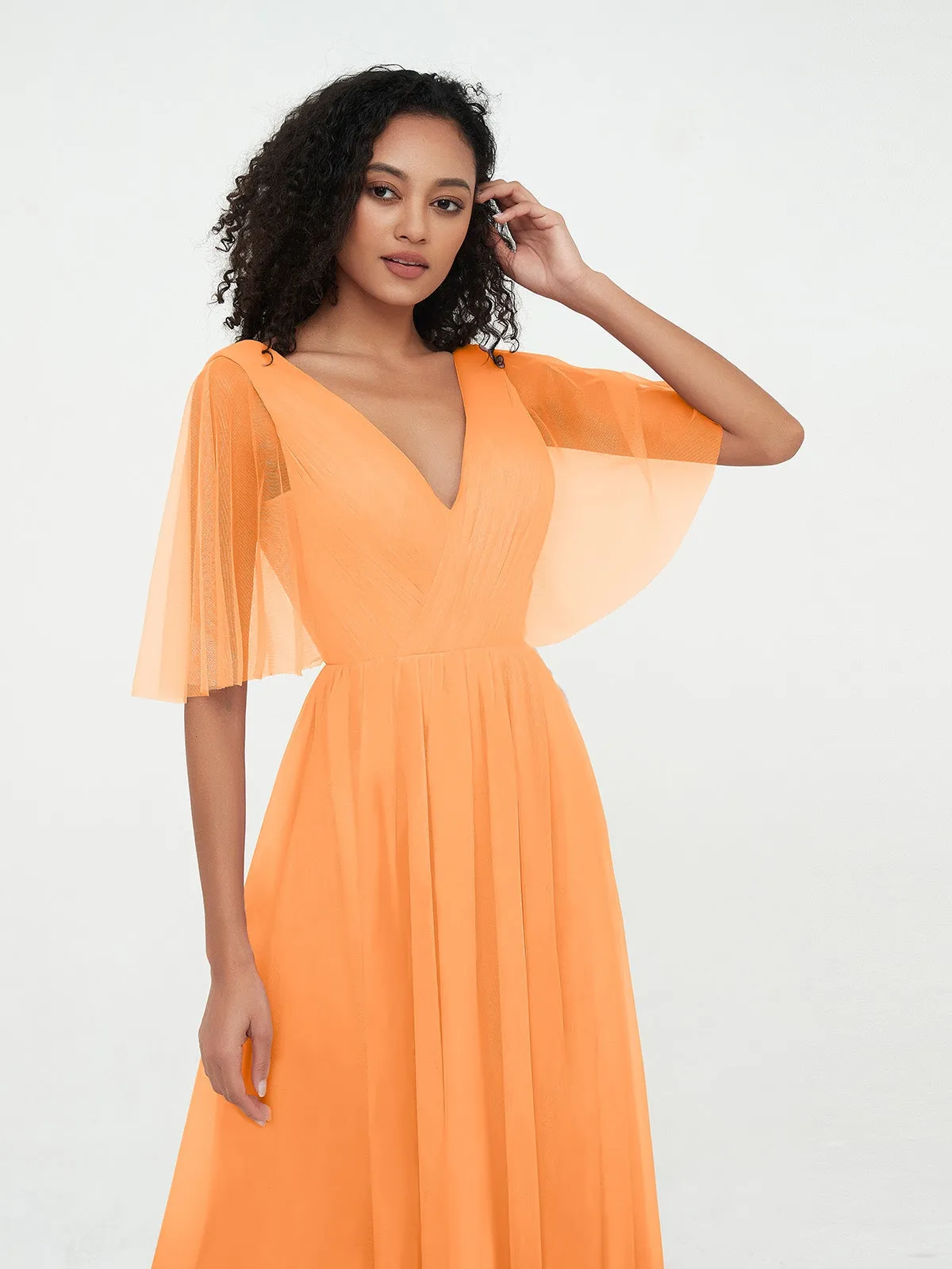 A-ligne Col en V Robes Maxi en Tulle avec Dos en V Profond Orange Grande Taille