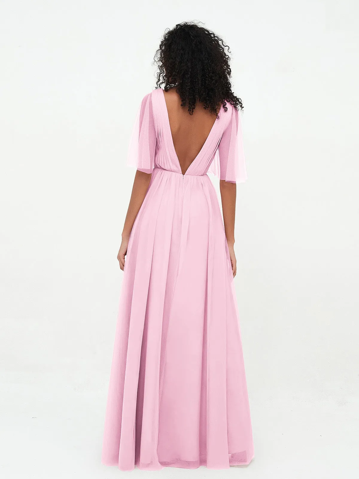 A-ligne Col en V Robes Maxi en Tulle avec Dos en V Profond Rose Bonbon