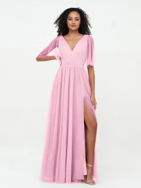 A-ligne Col en V Robes Maxi en Tulle avec Dos en V Profond Rose Bonbon