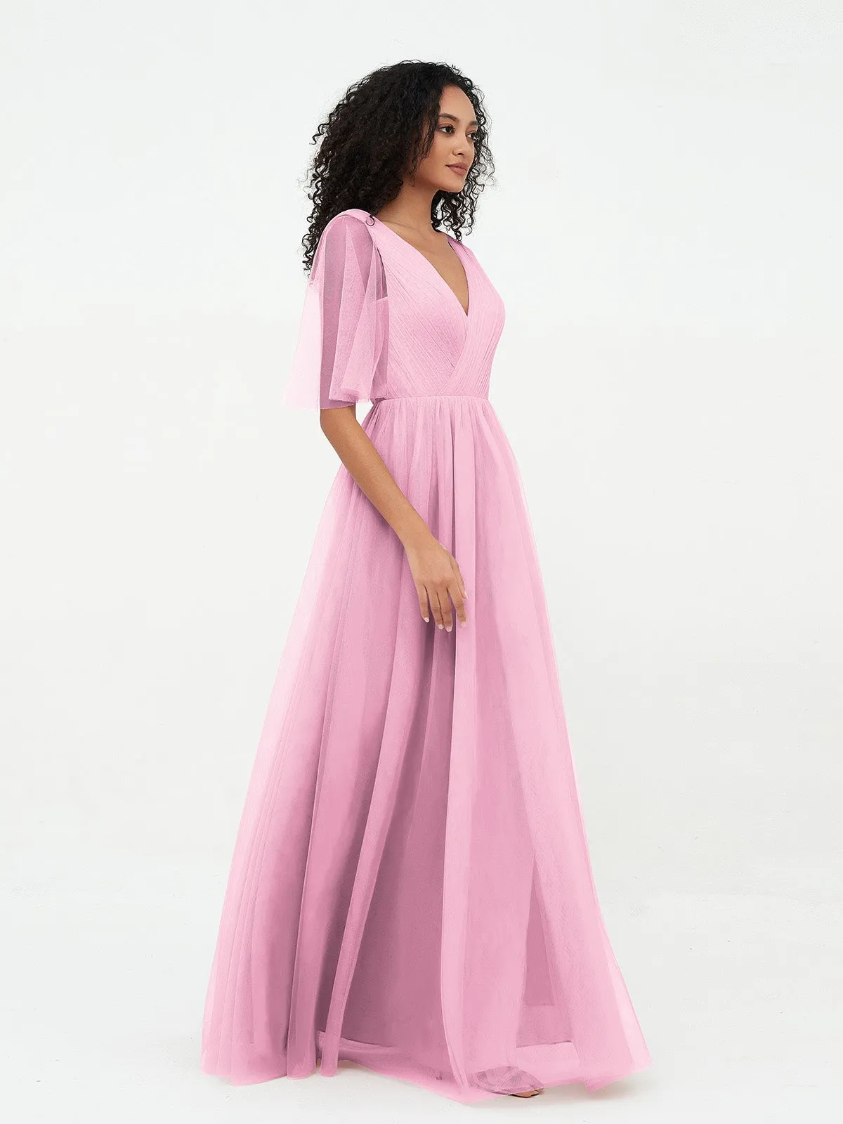 A-ligne Col en V Robes Maxi en Tulle avec Dos en V Profond Rose Bonbon