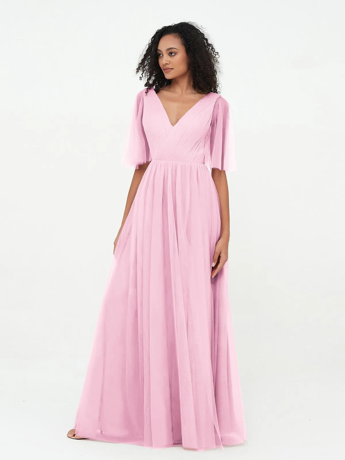 A-ligne Col en V Robes Maxi en Tulle avec Dos en V Profond Rose Bonbon