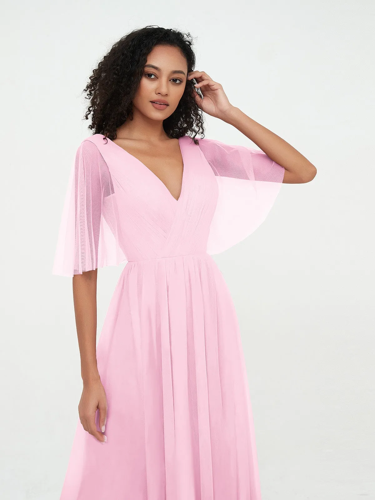 A-ligne Col en V Robes Maxi en Tulle avec Dos en V Profond Rose Bonbon