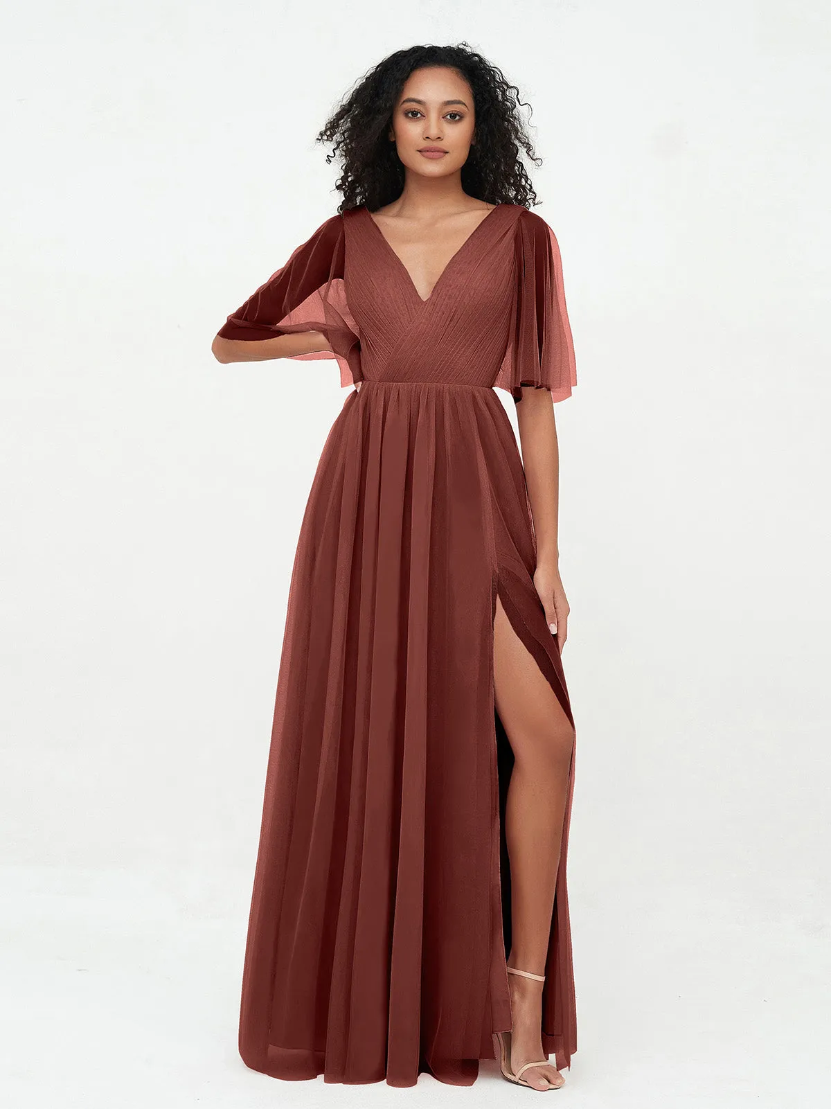 A-ligne Col en V Robes Maxi en Tulle avec Dos en V Profond terracotta Grande Taille