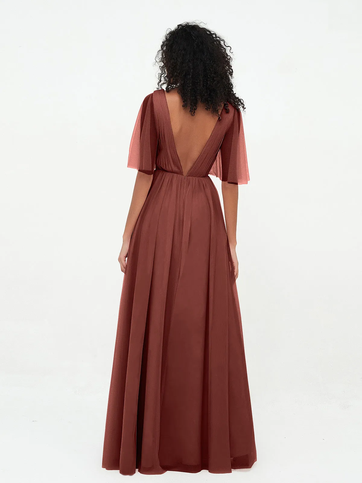 A-ligne Col en V Robes Maxi en Tulle avec Dos en V Profond terracotta Grande Taille