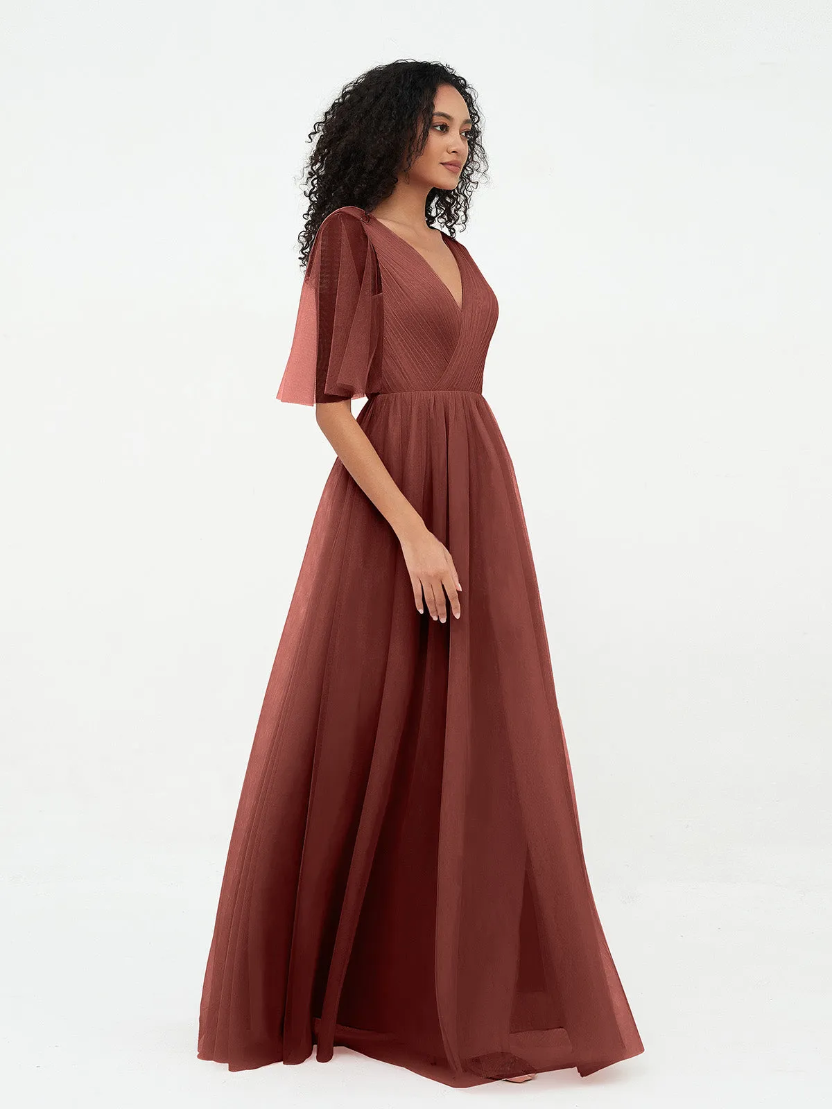 A-ligne Col en V Robes Maxi en Tulle avec Dos en V Profond terracotta Grande Taille