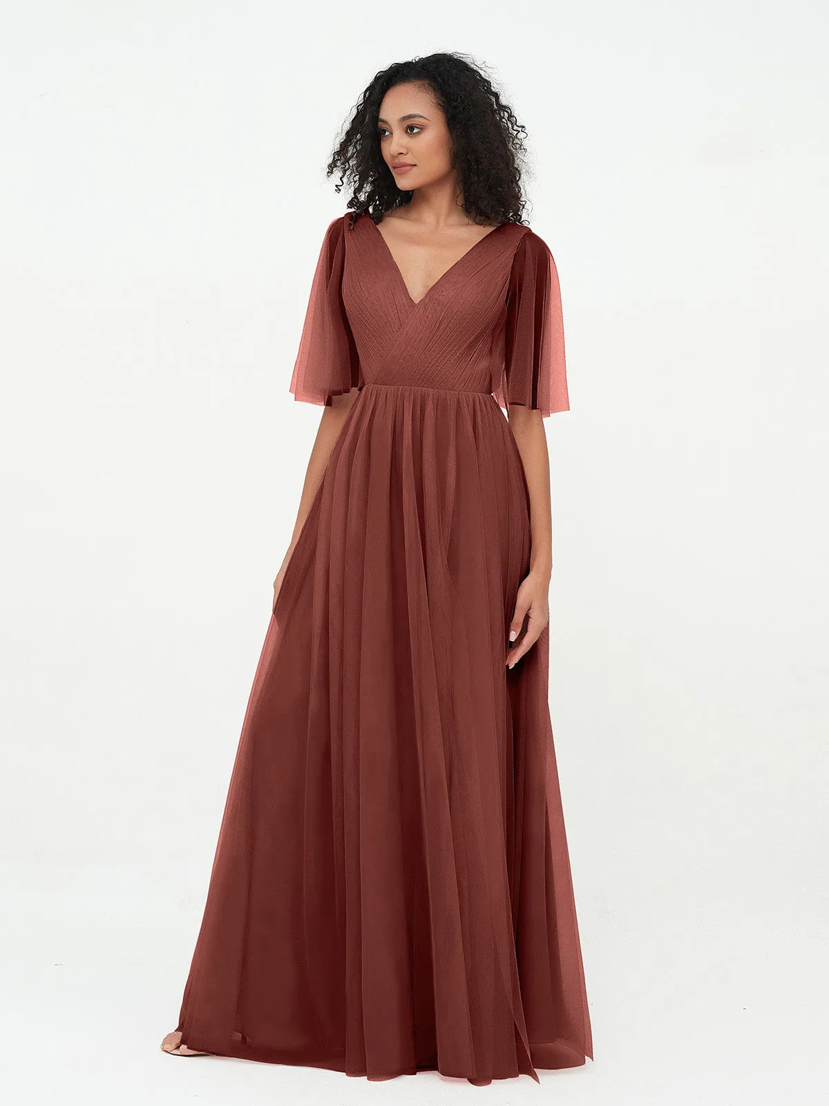 A-ligne Col en V Robes Maxi en Tulle avec Dos en V Profond terracotta Grande Taille