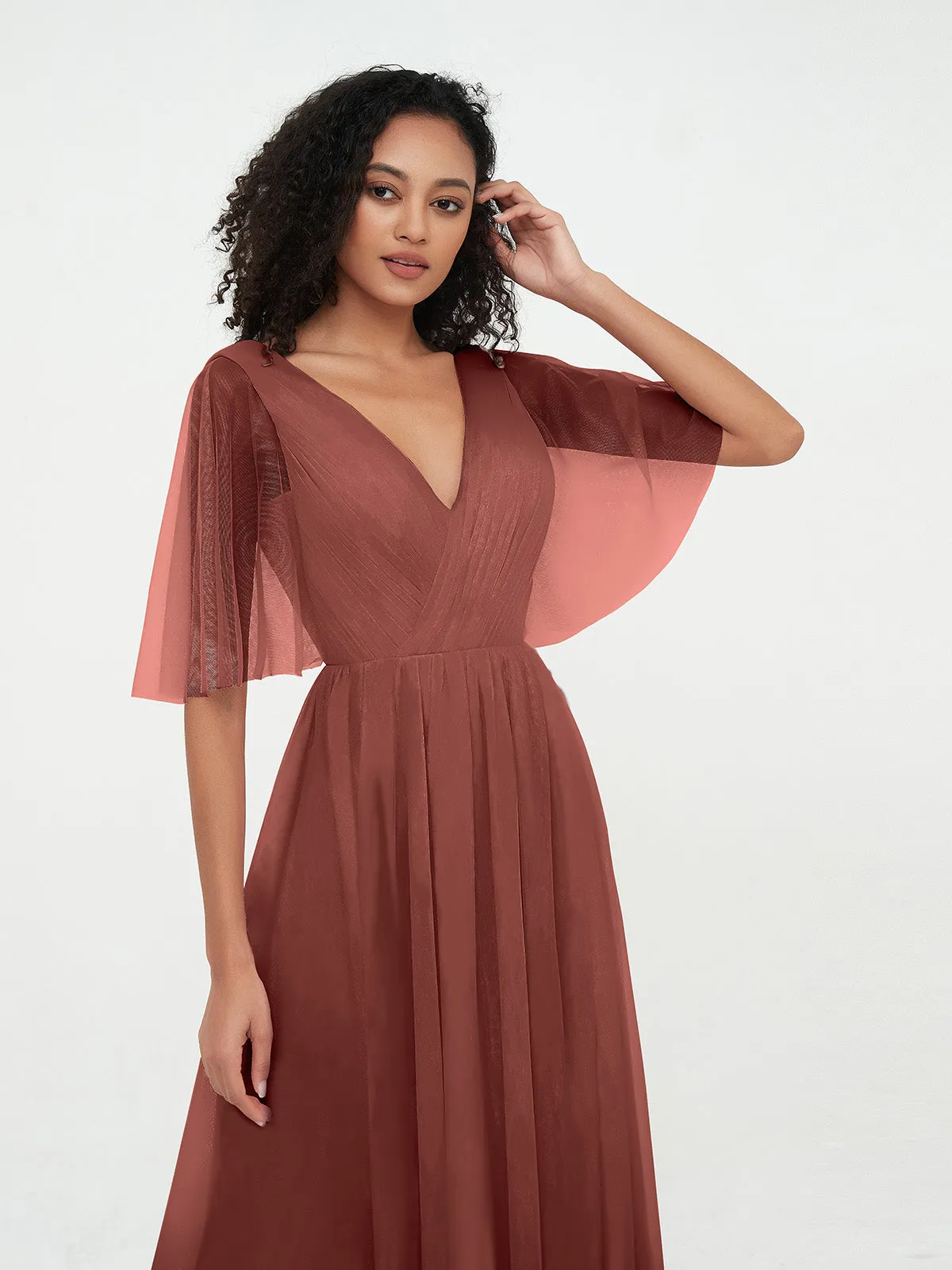 A-ligne Col en V Robes Maxi en Tulle avec Dos en V Profond terracotta Grande Taille