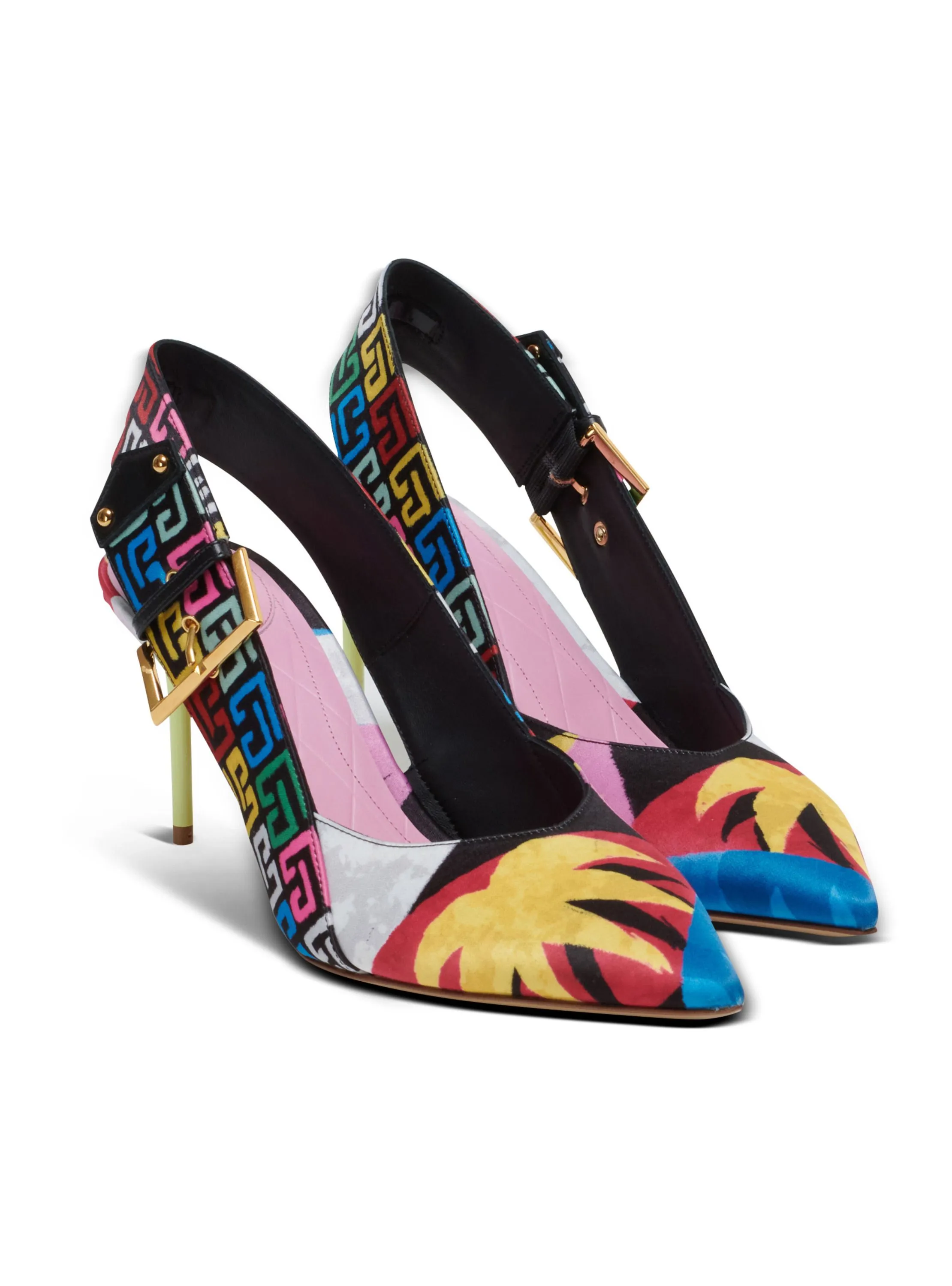 BALMAIN  Slingbacks ruby à talons en satin imprimé - Multicolore