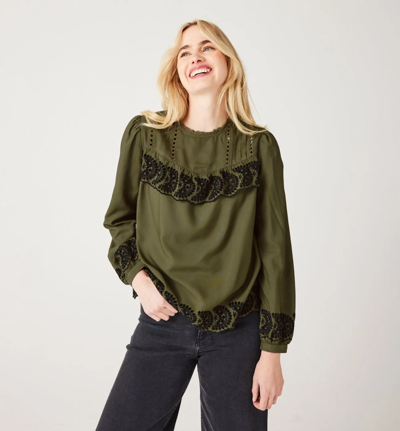 Blouse brodée Femme - Kaki