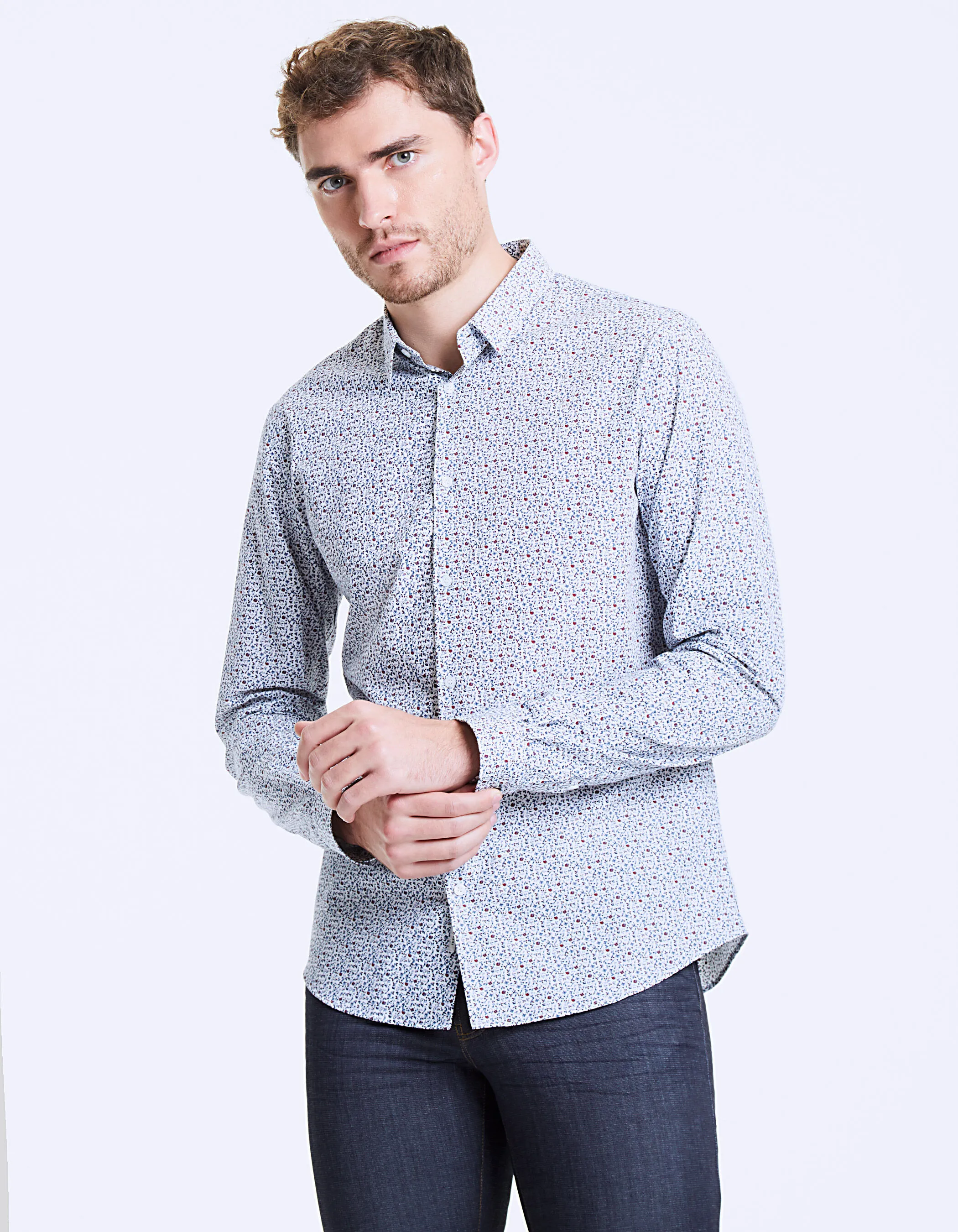 Chemise slim vermillon à micro-fleurs Homme