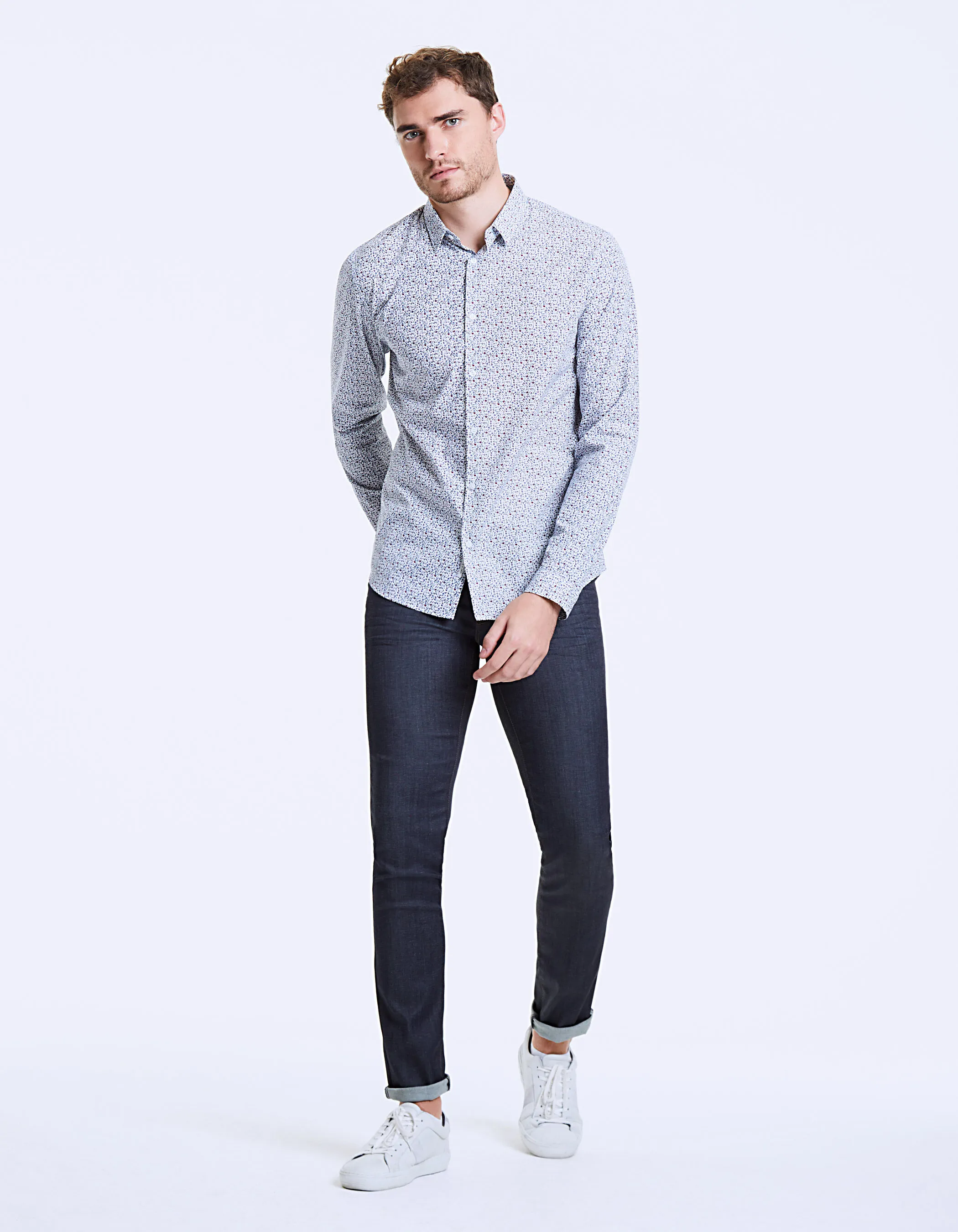 Chemise slim vermillon à micro-fleurs Homme