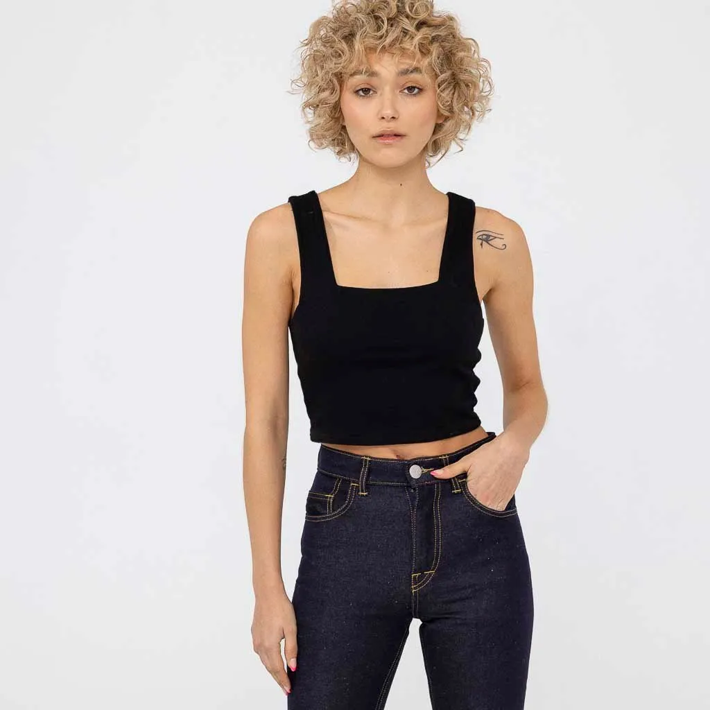 Débardeur Pauline col carré noir crop top