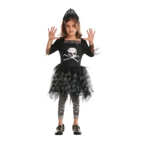 Déguisement Pirate Tête de Mort Fille - Robe Noire, Tutu Imprimé, Legging Gris Zébré et Serre-Tête