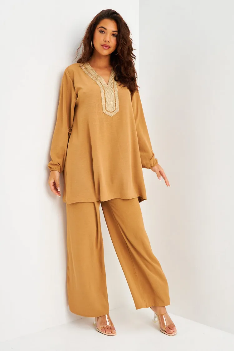 Ensemble 2 pièces tunique + pantalon camel