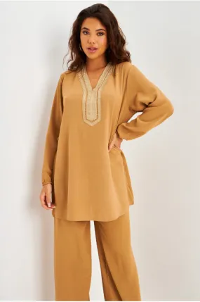 Ensemble 2 pièces tunique + pantalon camel