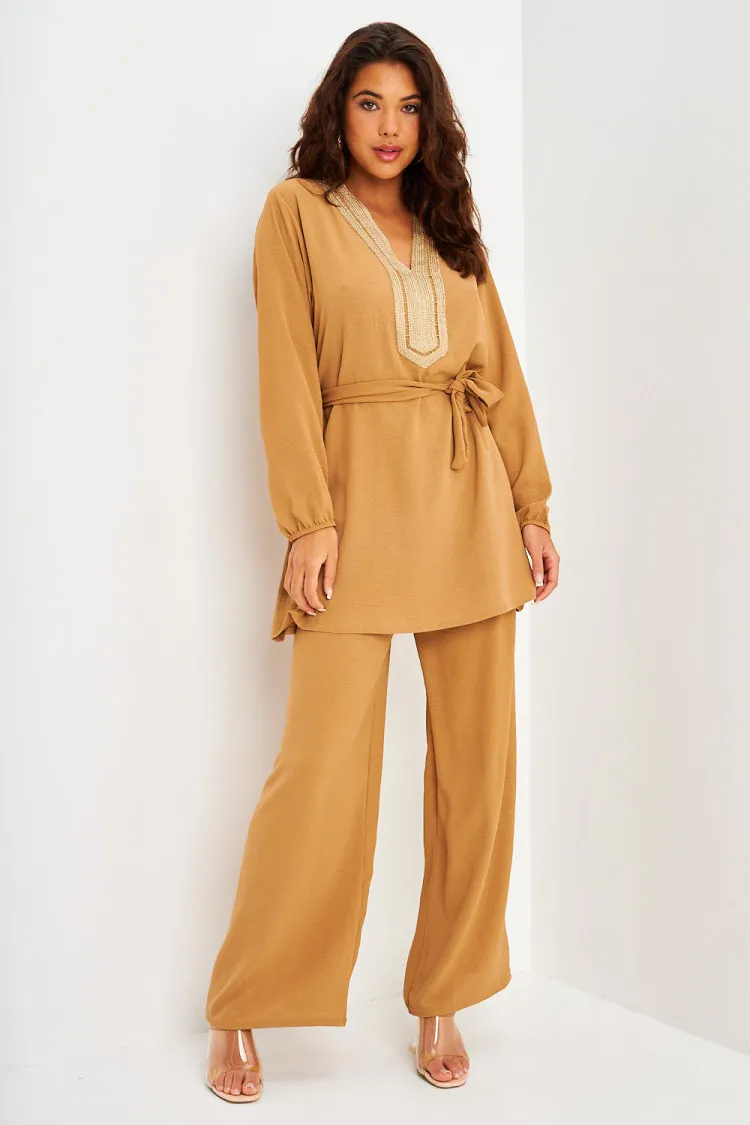 Ensemble 2 pièces tunique + pantalon camel