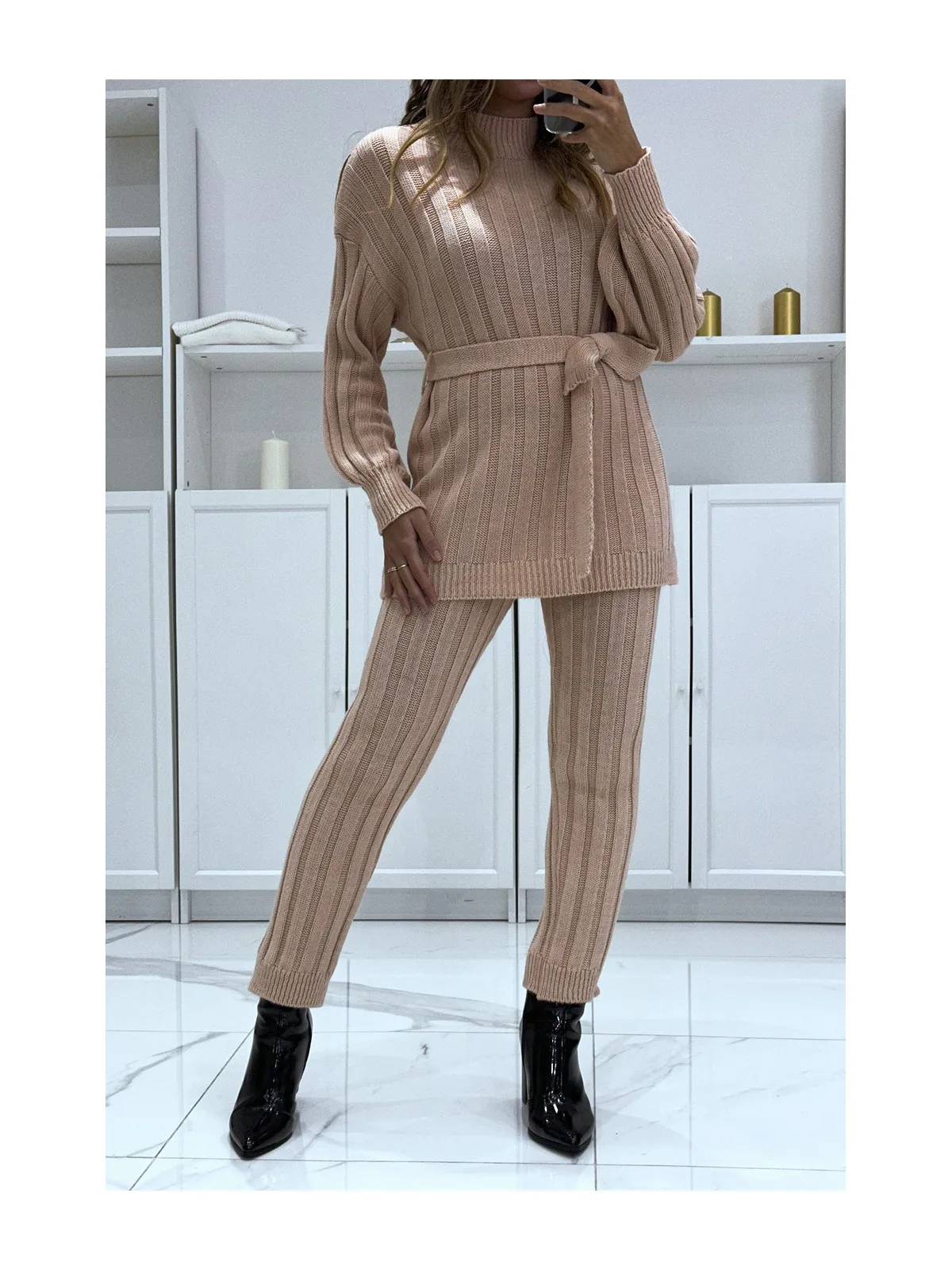 Ensemble pull col haut et pantalon rose en tricot, très chaud pour lhiver