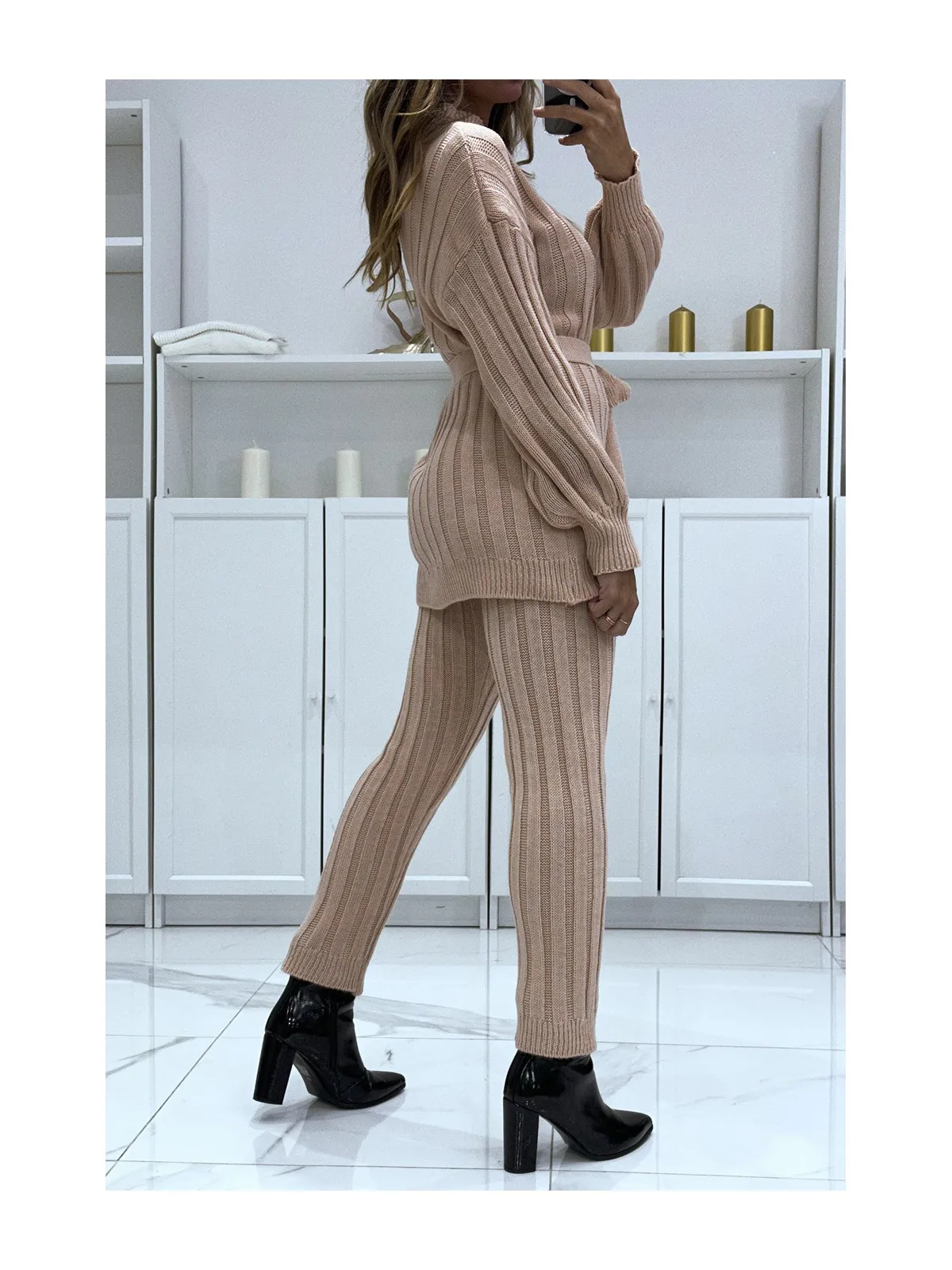 Ensemble pull col haut et pantalon rose en tricot, très chaud pour lhiver