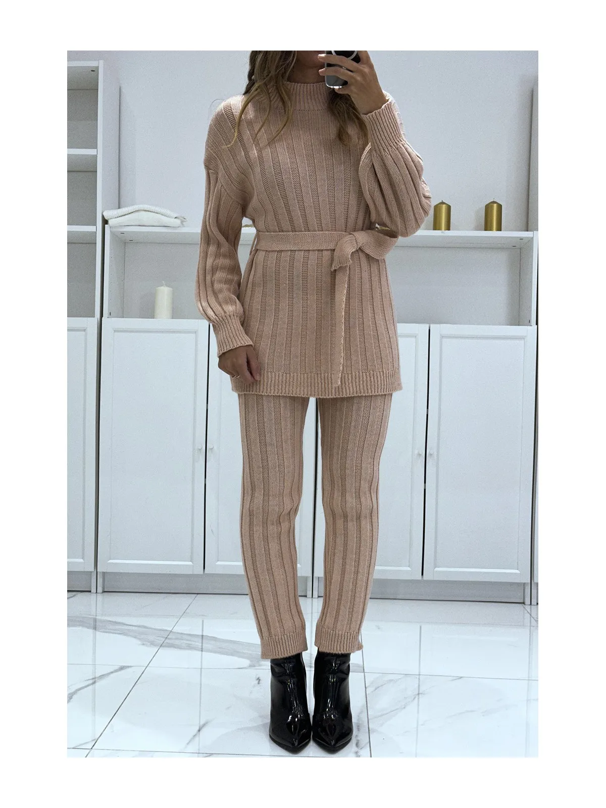 Ensemble pull col haut et pantalon rose en tricot, très chaud pour lhiver