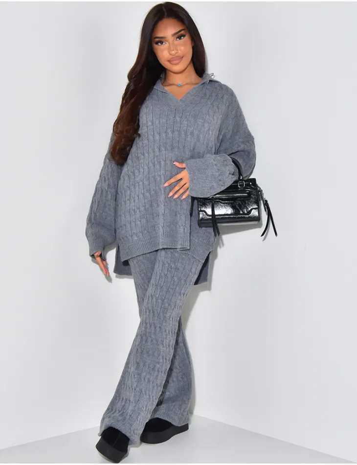 Ensemble pull oversize & pantalon en maille tressée / 57771 - JEANS INDUSTRY