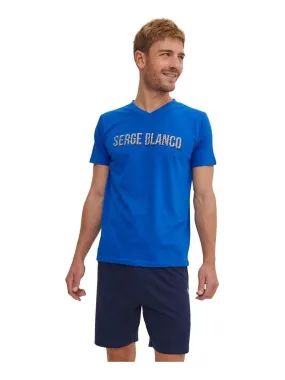 Ensemble Pyjama court Tshirt col V homme en coton Serge Blanco - Bleu