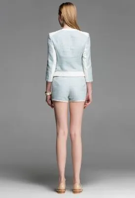 Ensemble Veste Short Femme Bimatière Ligné Cuir Tendance - Bleu Ciel