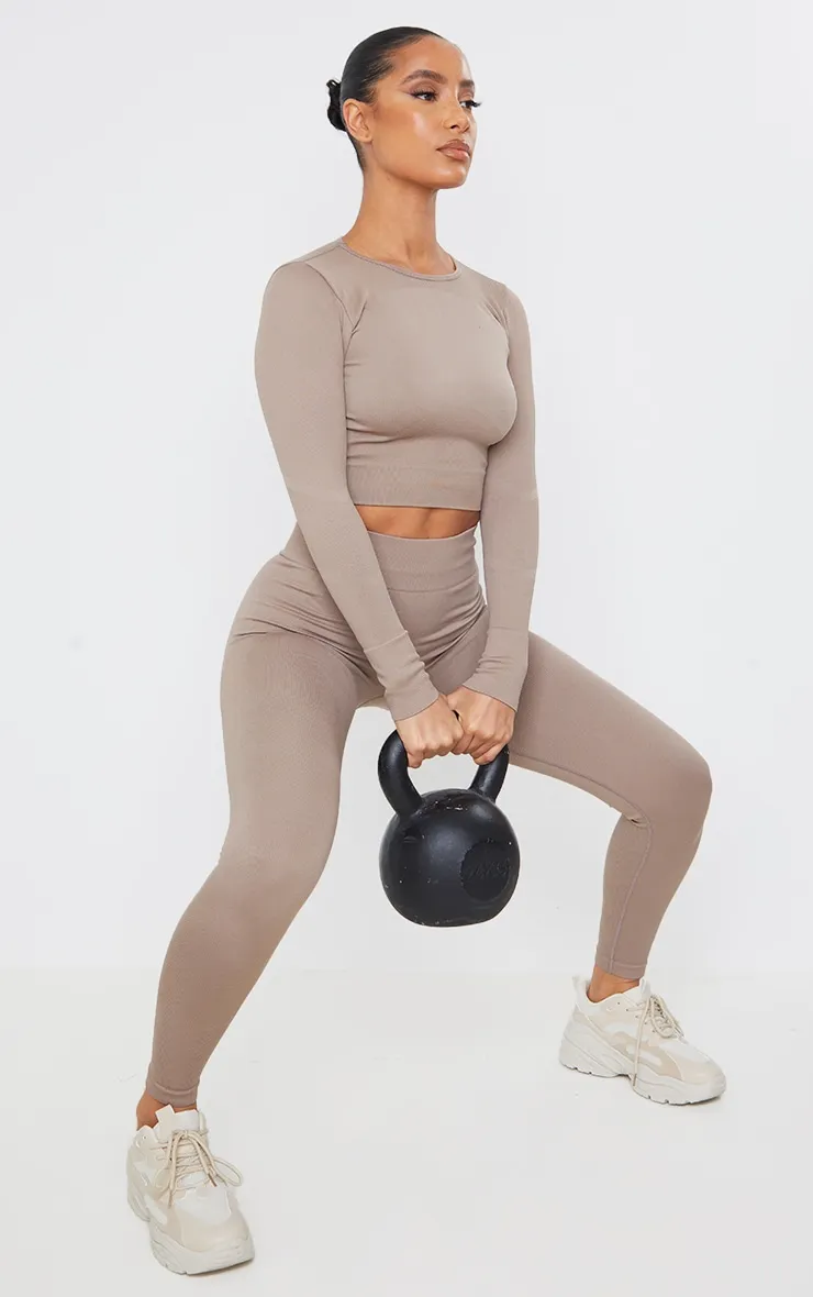 Legging de sport taupe sans coutures détail côtelé