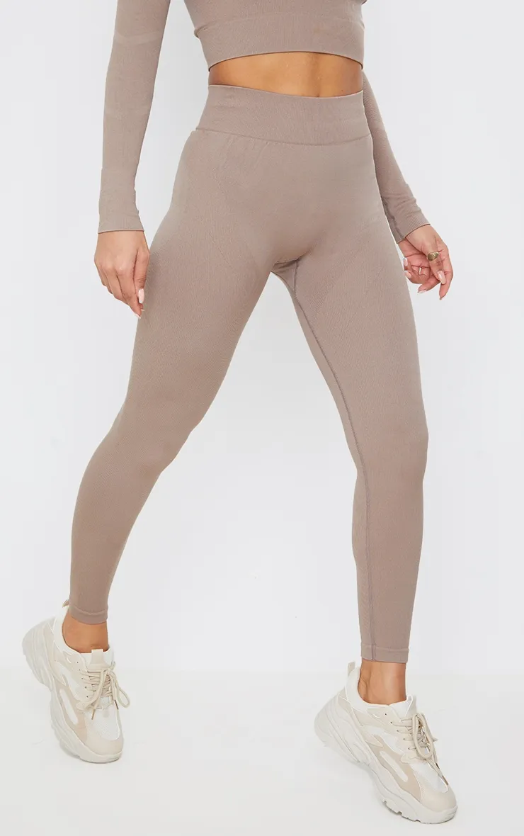 Legging de sport taupe sans coutures détail côtelé