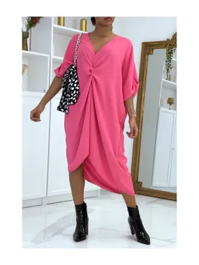 Longue robe tunique fuchsia over-size croisé devant