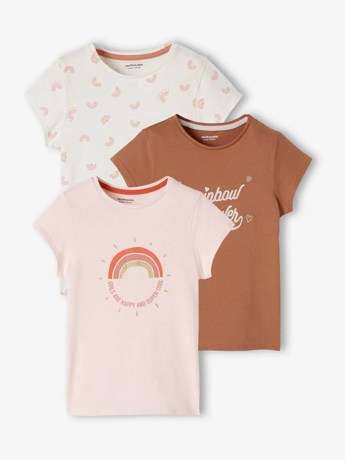 Lot de 3 t-shirts Basics détails irisés fille jaune pastel - Vertbaudet