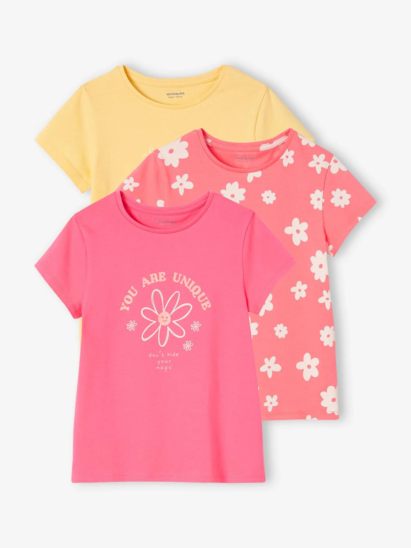 Lot de 3 t-shirts Basics détails irisés fille jaune pastel - Vertbaudet