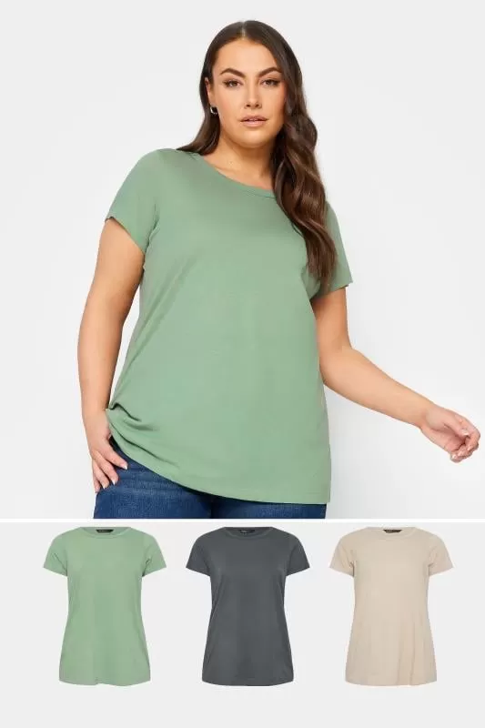 Lot de 3 T-Shirts Basiques Gris Vert & Beige