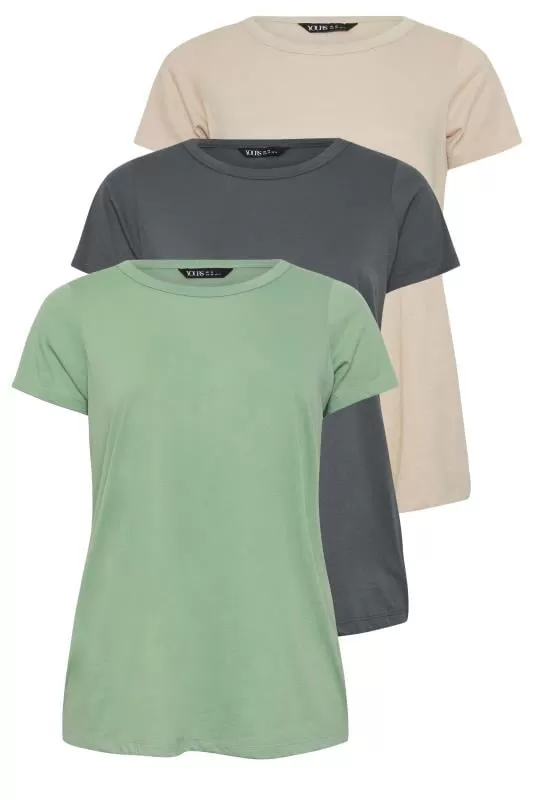 Lot de 3 T-Shirts Basiques Gris Vert & Beige