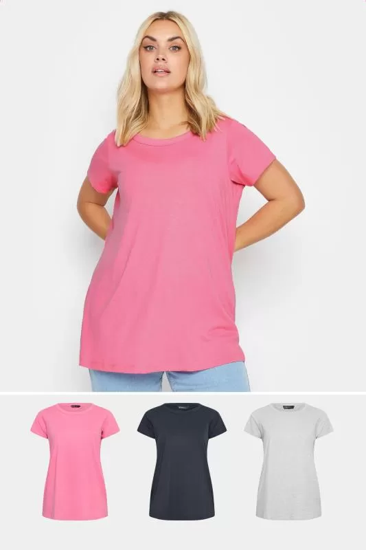 Lot de 3 T-Shirts Rose Bleu & Gris en Jersey