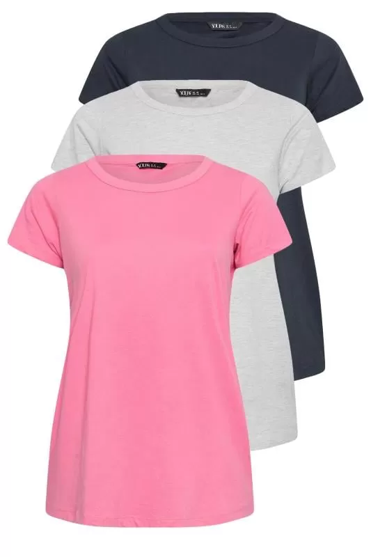 Lot de 3 T-Shirts Rose Bleu & Gris en Jersey