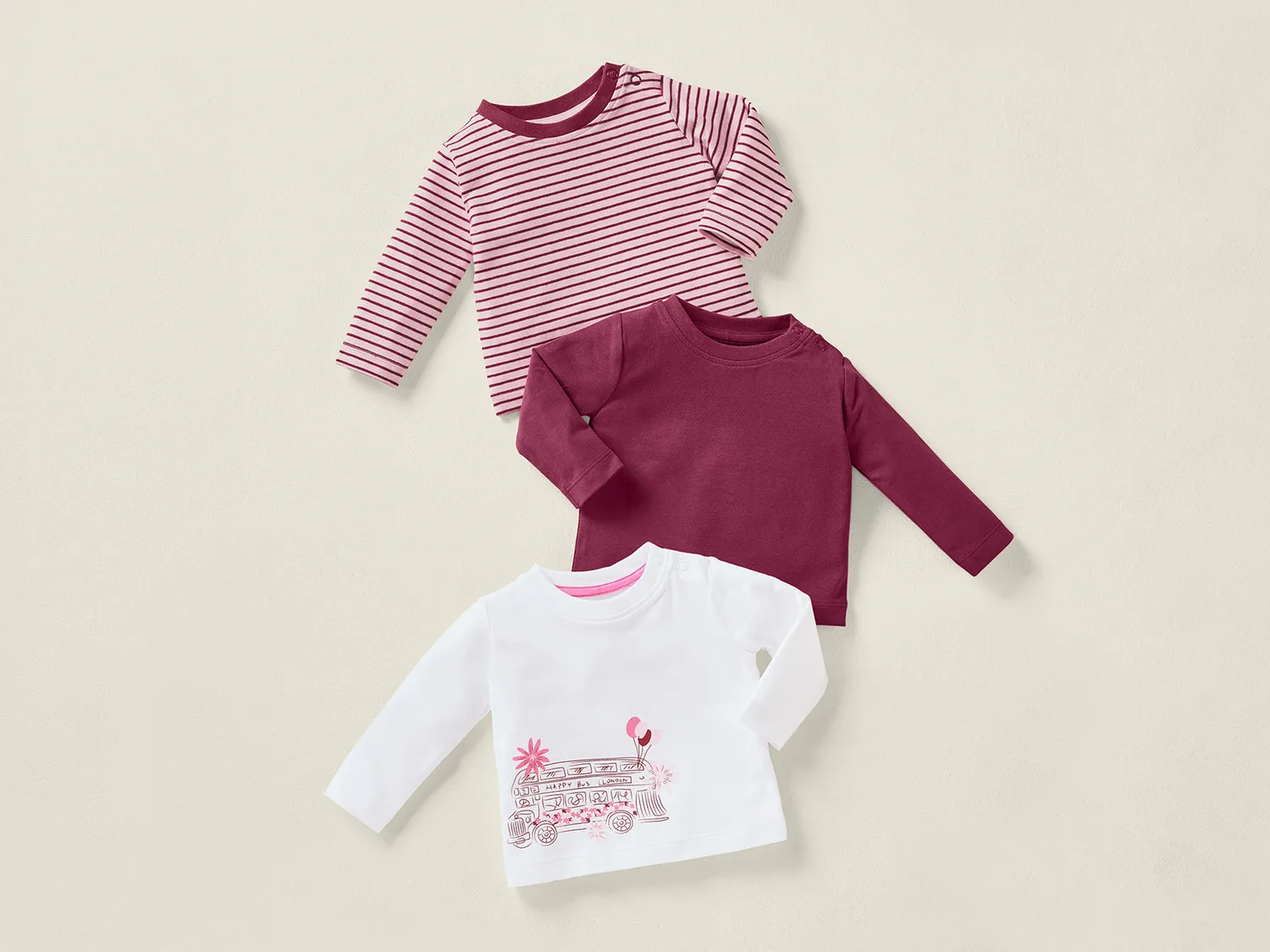 lupilu® Lot de 3 t-shirts à manches longues bébé