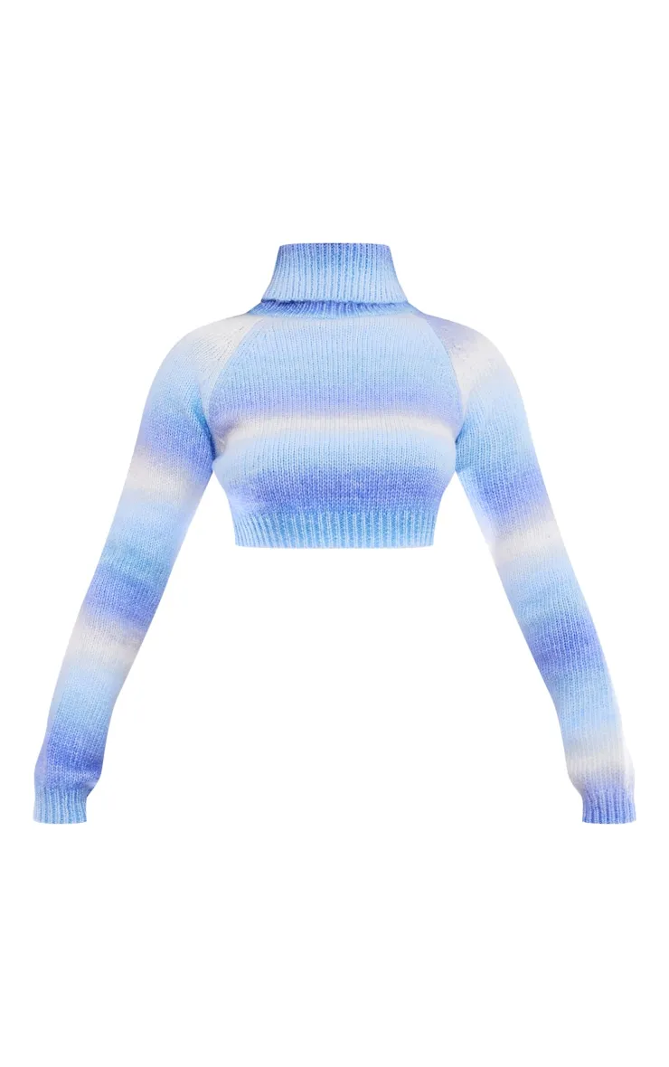 Petite Pull bleu en maille duveteuse à rayures et col haut