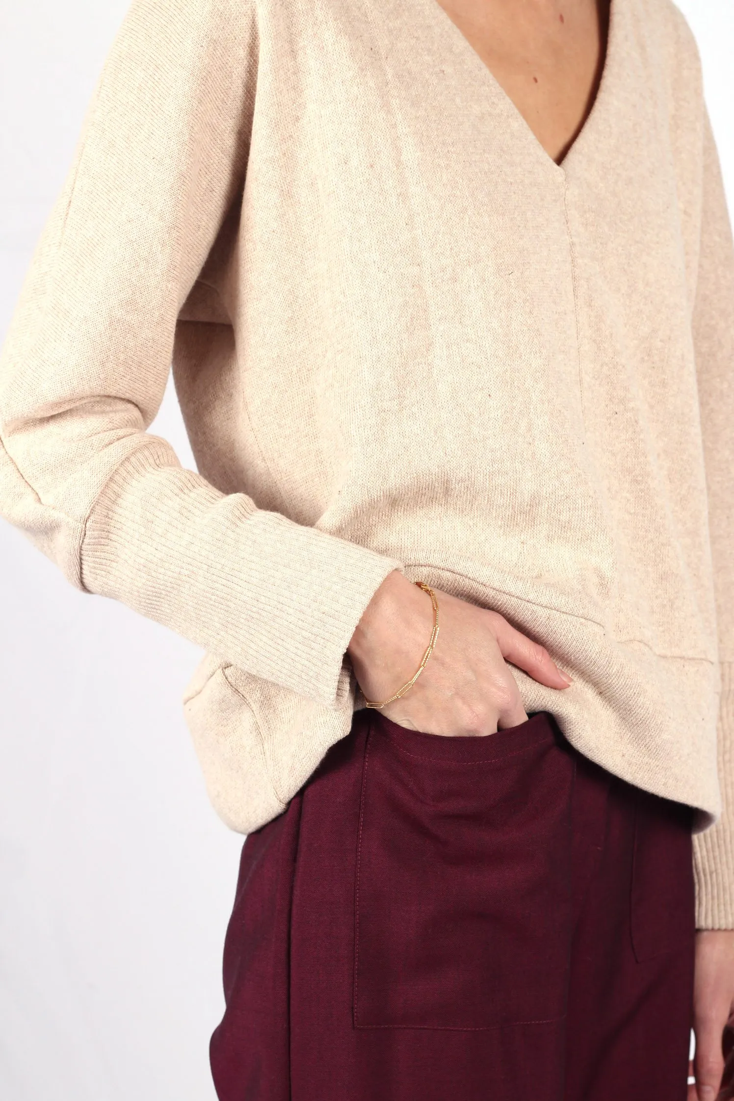 Pull beige femme col v en coton Edith