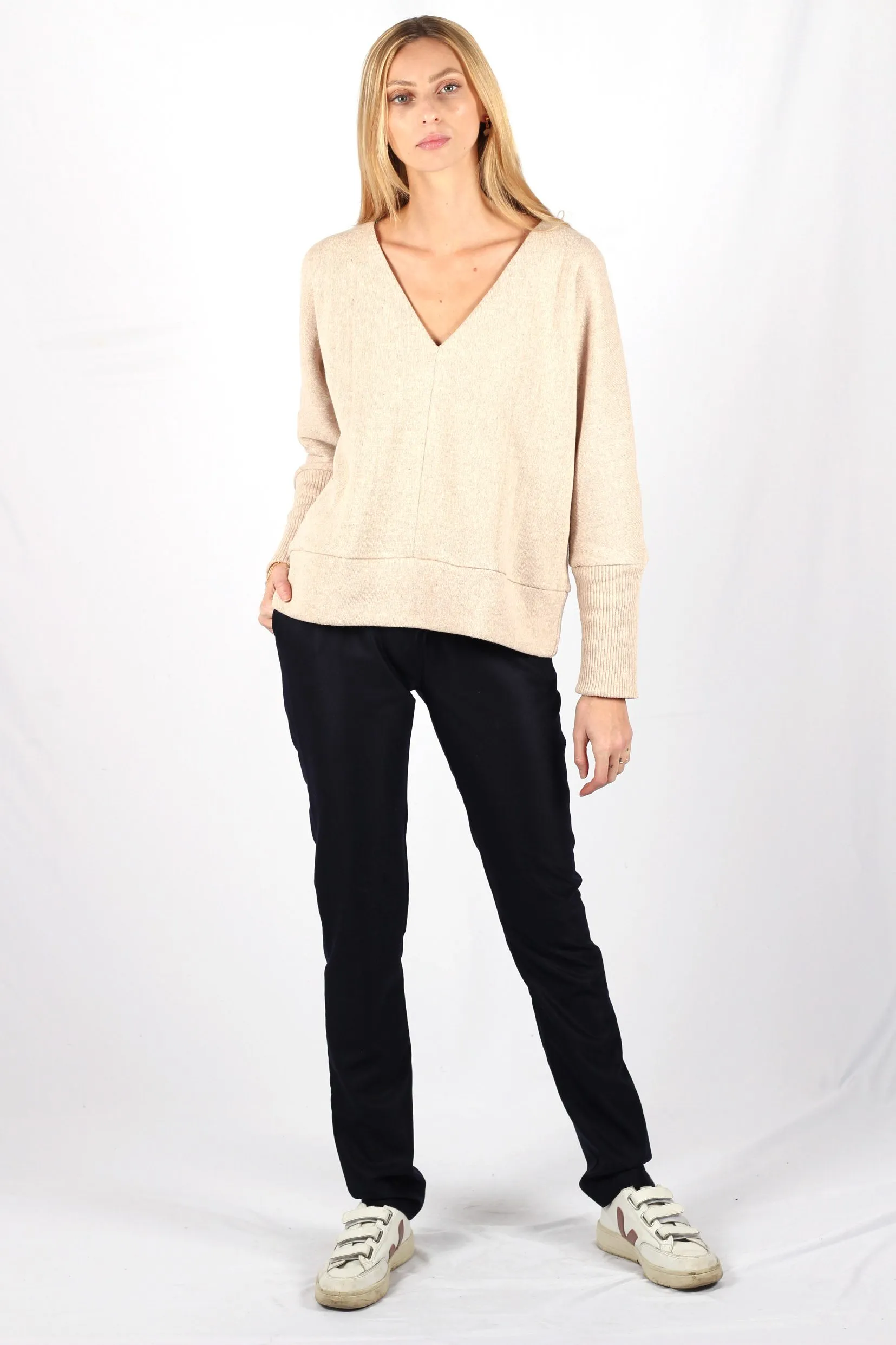 Pull beige femme col v en coton Edith