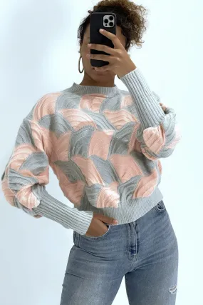 Pull bicolore gris et rose à découpe bouffante