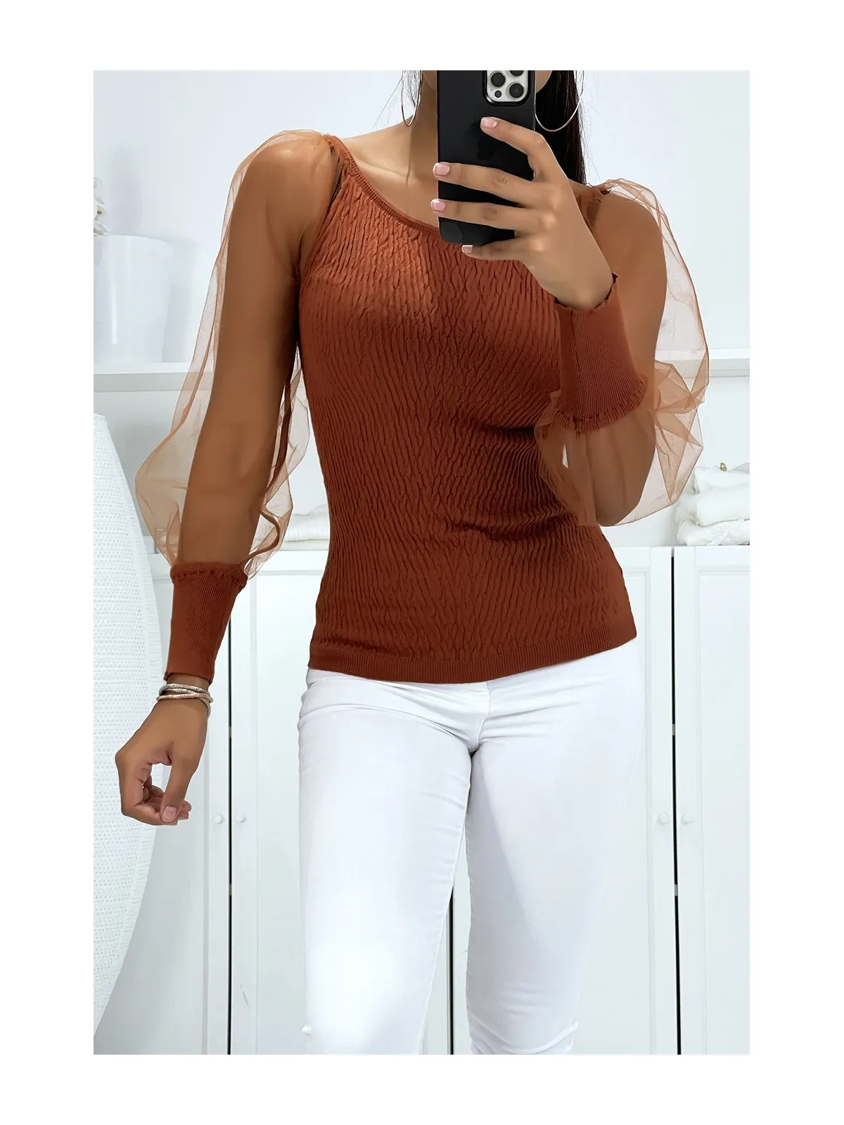 Pull cognac col bateaux effet jacquard avec manche en tulle bouffante